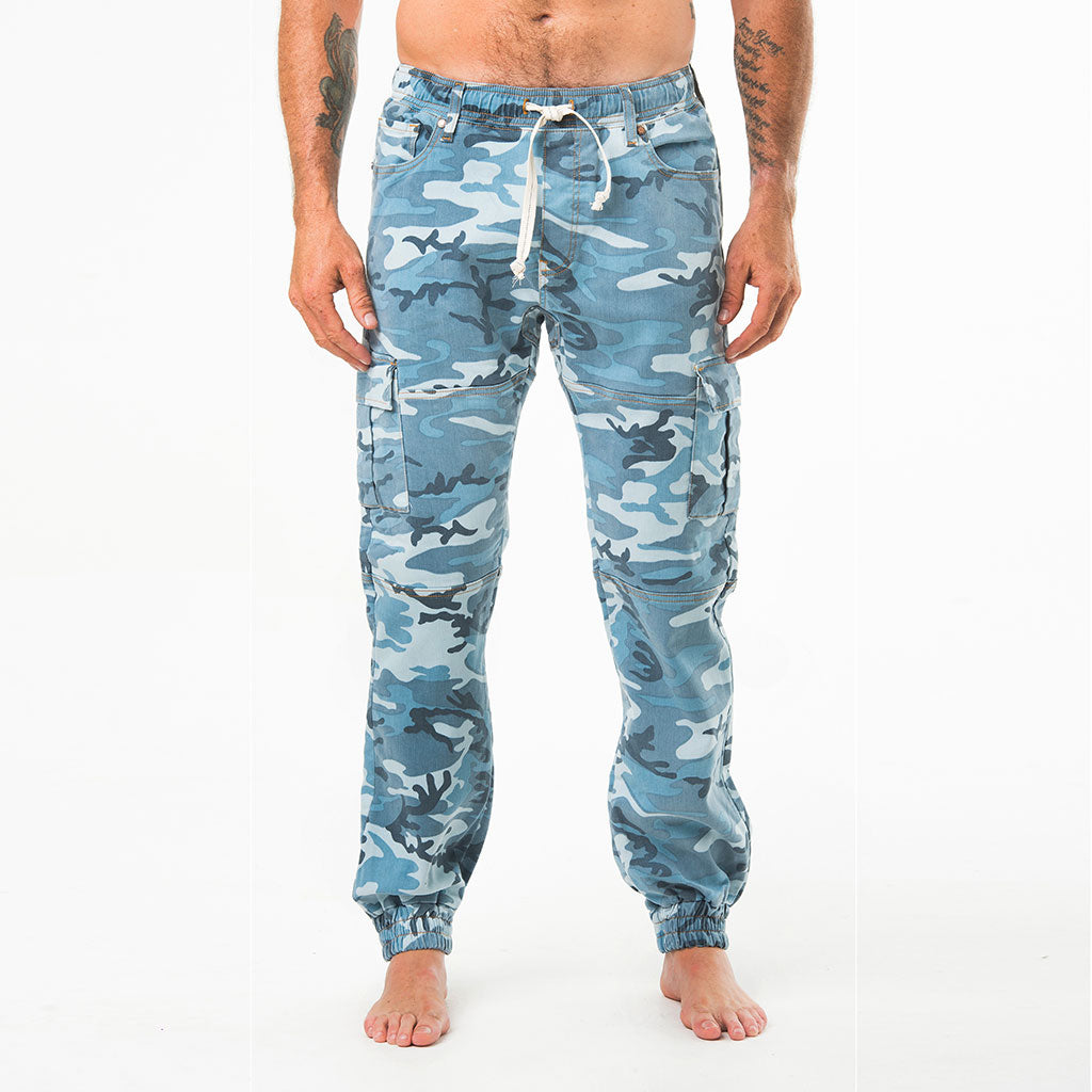 Trvo BLUE CAMO FUR POCKET SWEAT PANTS DRAWSTRING 7-POCKET CARGO