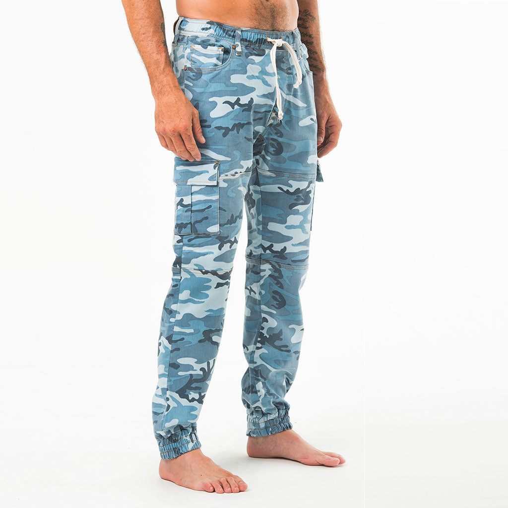 DRAWSTRING 7-POCKET CARGO JOGGER 10 oz STRETCH TERRY - BLUE CAMO
